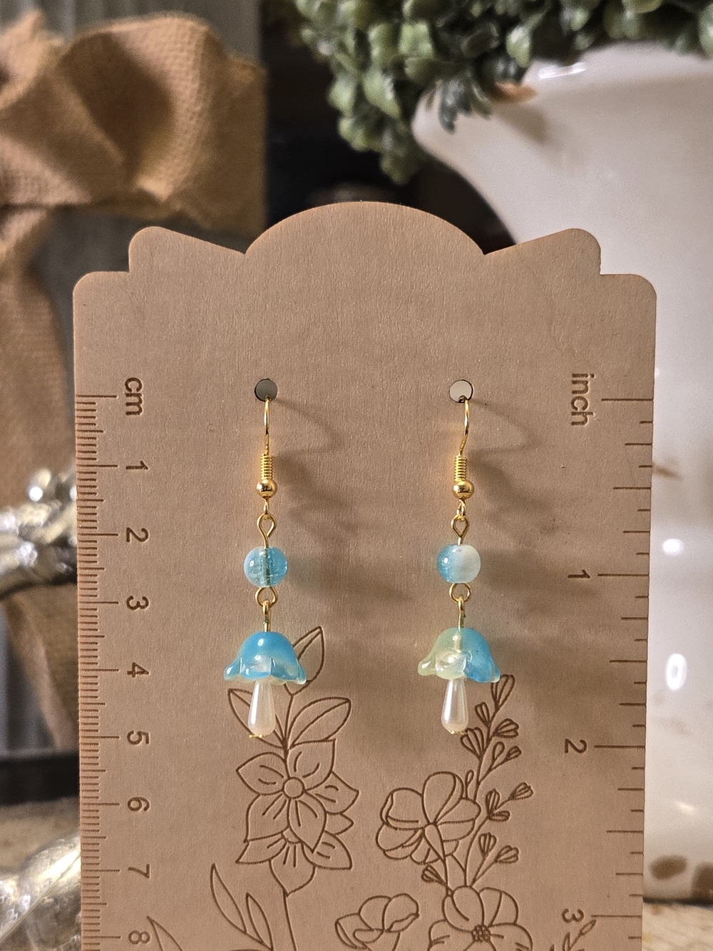 Gold-Accented Blue Glass Mushroom Drop Earrings
